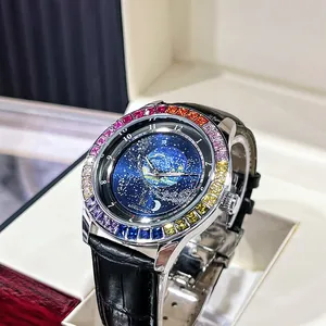 Men's Automatic Mechanical Watch Starry Sky Earth Dial Rainbow Rhinestone Bezel Luminous Waterproof Fashion Leather Strap Watch