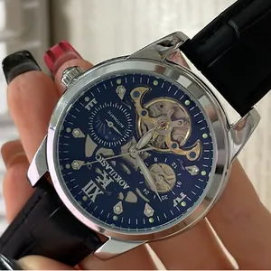 AOKULASIC automatic skeleton mechanical watch for men with blue dial and black strap