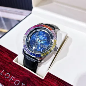 Luxury men's mechanical watch with a starry sky dial and rainbow gemstone encrusted bezel