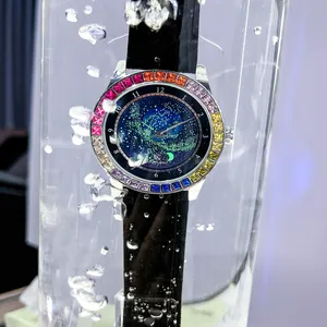 Luxury men's automatic watch featuring a starry sky dial and vibrant rainbow crystal bezel