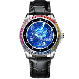 Luxury men's mechanical watch with starry sky dial and rainbow crystal bezel in black leather