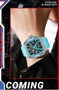 Detailed view of SMAEL luxury blue men's sport watch with LED light on model wrist