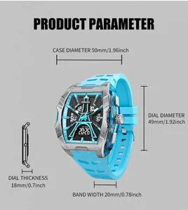 Technical dimensions for SMAEL men's sports watch with blue band and digital dial