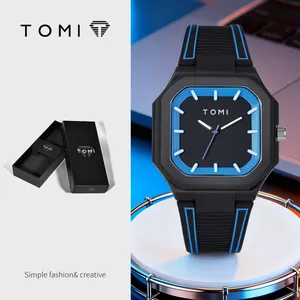 Montre carrée en silicone TOMI noir et bleu avec grand cadran pour hommes et femmes