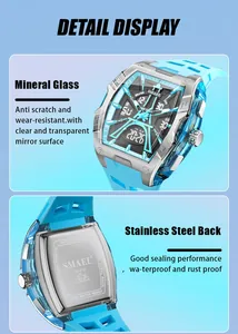 Close-up detail of SMAEL sports watch featuring mineral glass and stainless steel back
