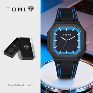 Montre en silicone carrée TOMI élégante pour hommes et femmes avec cadran bleu Nautilus