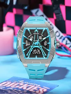 Macro detail of SMAEL sports watch featuring a blue dial and light blue silicone strap.