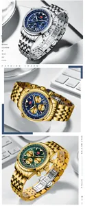 Vista detallada de los relojes cronógrafos MINI FOCUS para hombre en plata, oro y verde.