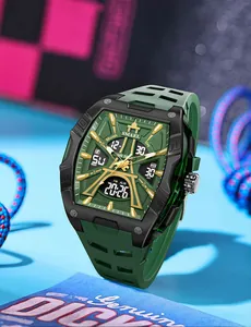 Detailed macro view of SMAEL men's military green sports watch featuring dual time display