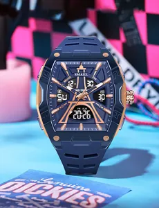 Close-up detail of SMAEL men's sports watch featuring a blue tonneau case and rose gold dial