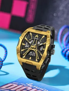 SMAEL men's dual display sport watch with gold bezel and black silicone strap detail