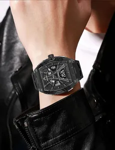 Close-up of SMAEL men's dual-display sports watch on wrist with black leather jacket.