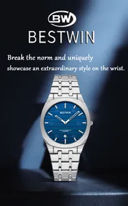 Premium silver stainless steel quartz watch with blue textured dial and date display by Bestwin