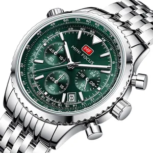 MINI FOCUS Reloj de Cuarzo Multifunción para Hombre Impermeable Luminoso Aviación Cronógrafo Correa de Acero Inoxidable