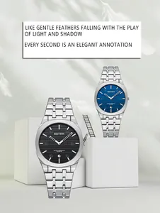 Close-up detail of BESTWIN ultra-thin fashion quartz watch with silver steel band.