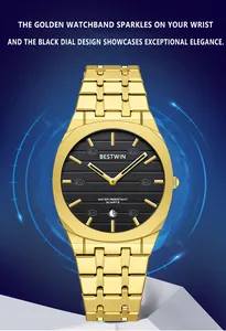 Detailed close-up of Bestwin luxury gold steel watch featuring an elegant black dial