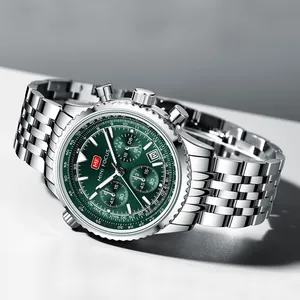 Reloj cronógrafo de cuarzo de lujo MINI FOCUS para hombre con esfera verde y correa de acero