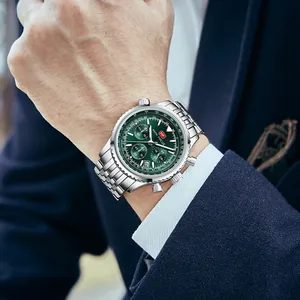 Reloj cronógrafo de aviación MINI FOCUS para hombre con esfera verde y correa de acero plateado