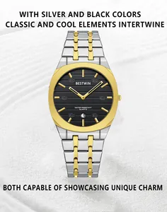 Detailed view of BESTWIN men's fashion quartz watch with two-tone steel strap