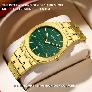 Detailed view of BESTWIN gold men's quartz watch with refreshing green dial