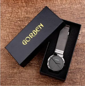 Black textured mechanical watch gift box with silver mesh band watch on wood