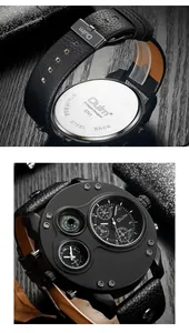 Makroansicht der Oulm-Uhr mit zwei Zeitzonen, Kompass und Lederarmband