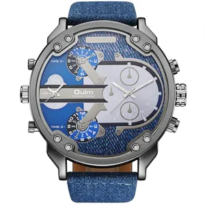 Macro-weergave van Oulm HP3548 dual-time horloge met denim textuur en meerdere wijzerplaten