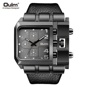 Oulm Heren Grote Vierkante Wijzerplaat Quartz Horloge Industriële Stijl Meerdere Tijdzones Kunstleren Band Casual Mode