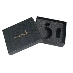 Premium black cross-grain textured pocket watch gift box with gold foil overdo logo