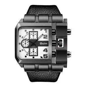 Oulm extra grote vierkante quartz herenhorloge met zwart lederen band en stoere wijzerplaat