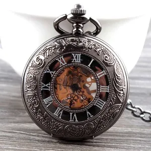 Orologio da Taschino Meccanico Grande Vintage Nero Scheletrato Numeri Romani Lega Intagliata Retro Steampunk Orologio per Unisex Regalo Moda