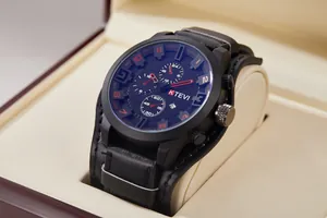 Close-up of oversized black military sports watch with a wide black leather strap