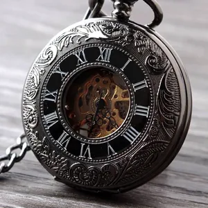 Orologio da taschino meccanico nero vintage con numeri romani e catena in metallo