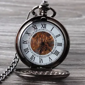 Orologio da taschino meccanico scheletrato nero vintage con numeri romani e catena