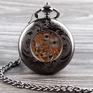 Retro orologio da taschino meccanico scheletrato nero con motivo floreale inciso