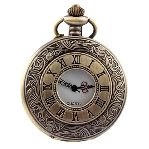 Retro-Quarz-Taschenuhr mit hohlem Gehäuse, römischen Ziffern und Bronze