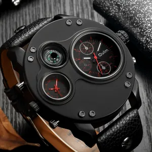 Detailansicht der Oulm Dual-Zeitzonen-Uhr mit Kompass und robustem schwarzen Lederband