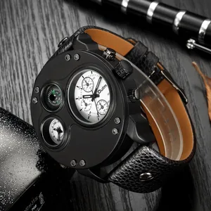 Detailansicht der Oulm Herrenuhr mit zwei Zeitzonen, Kompass und schwarzem Lederarmband.