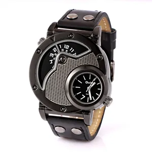 Reloj deportivo para hombre Oulm 9591 con doble huso horario y correa de cuero ancha