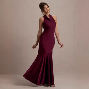 Franse Stijl Watervalhals Meerminstaart Avondjurk Elegante Halter Open Rug Maxi Jurk Effen Kleur Satijn Bruiloft Gast Jurk