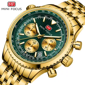 Reloj cronógrafo de lujo dorado para hombre con esfera verde y correa de acero
