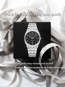 Detailed macro view of BESTWIN luxury men's steel watch presented in elegant gift packaging