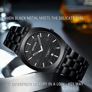 Detailed macro view of Bestwin ultra-thin black steel quartz watch with luxury striped dial