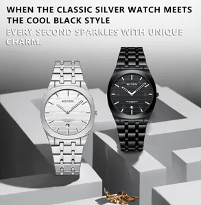 Pair of BESTWIN slim men's quartz watches in silver and black on modern display blocks.