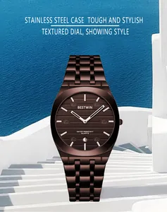 Elegant BESTWIN brown stainless steel watch with textured dial against sea background