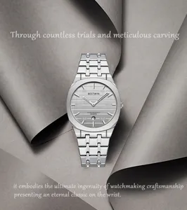 Men's slim quartz watch with stainless steel band on artistic grey background