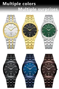 Modern minimalist men's quartz watches with stainless steel bands in six colors