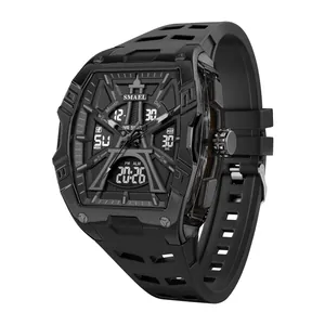Rugged SMAEL men's sports watch in matte black with Eiffel Tower dial design and LED display.