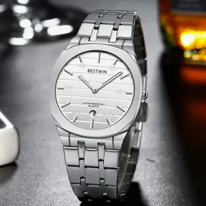 Sleek silver BESTWIN ultra-thin quartz watch for men featuring a durable stainless steel band