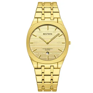 Ultra-thin gold men's fashion quartz watch with stainless steel strap and date window